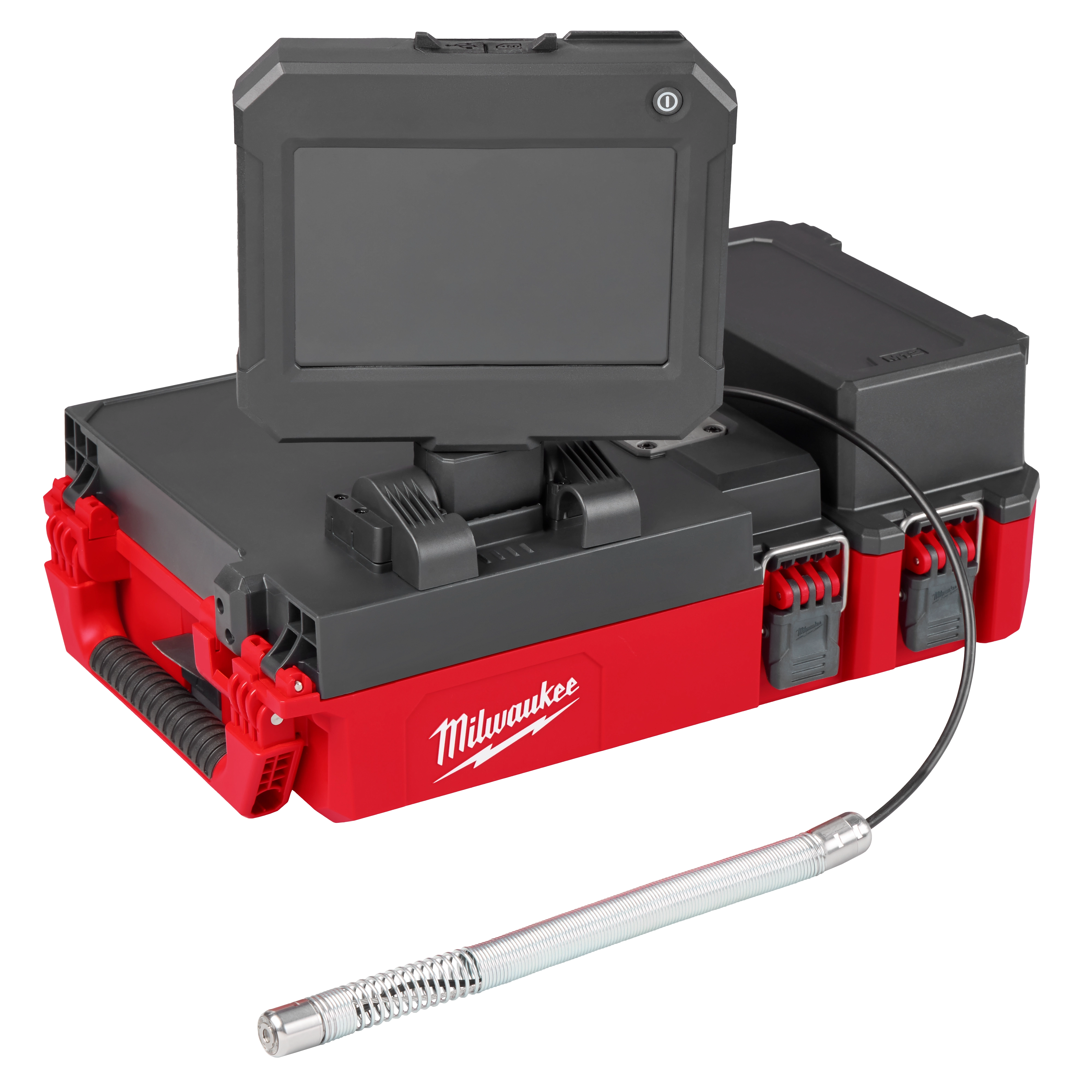 Image of an M12™ 75' Drain Camera with PACKOUT™ Compatibility. It features a monitor mounted on top of a red and black PACKOUT™ storage box with the Milwaukee logo. A flexible camera cable extends from the device.