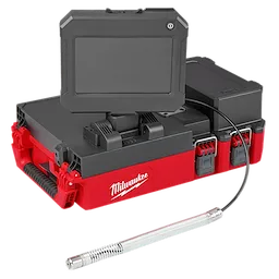 Image of an M12™ 75' Drain Camera with PACKOUT™ Compatibility. It features a monitor mounted on top of a red and black PACKOUT™ storage box with the Milwaukee logo. A flexible camera cable extends from the device.