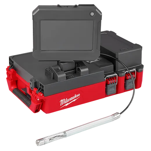 Image of an M12™ 75' Drain Camera with PACKOUT™ Compatibility. It features a monitor mounted on top of a red and black PACKOUT™ storage box with the Milwaukee logo. A flexible camera cable extends from the device.