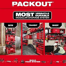 Image highlighting the site, transit, shop use cases for the PACKOUT Modular Storage System