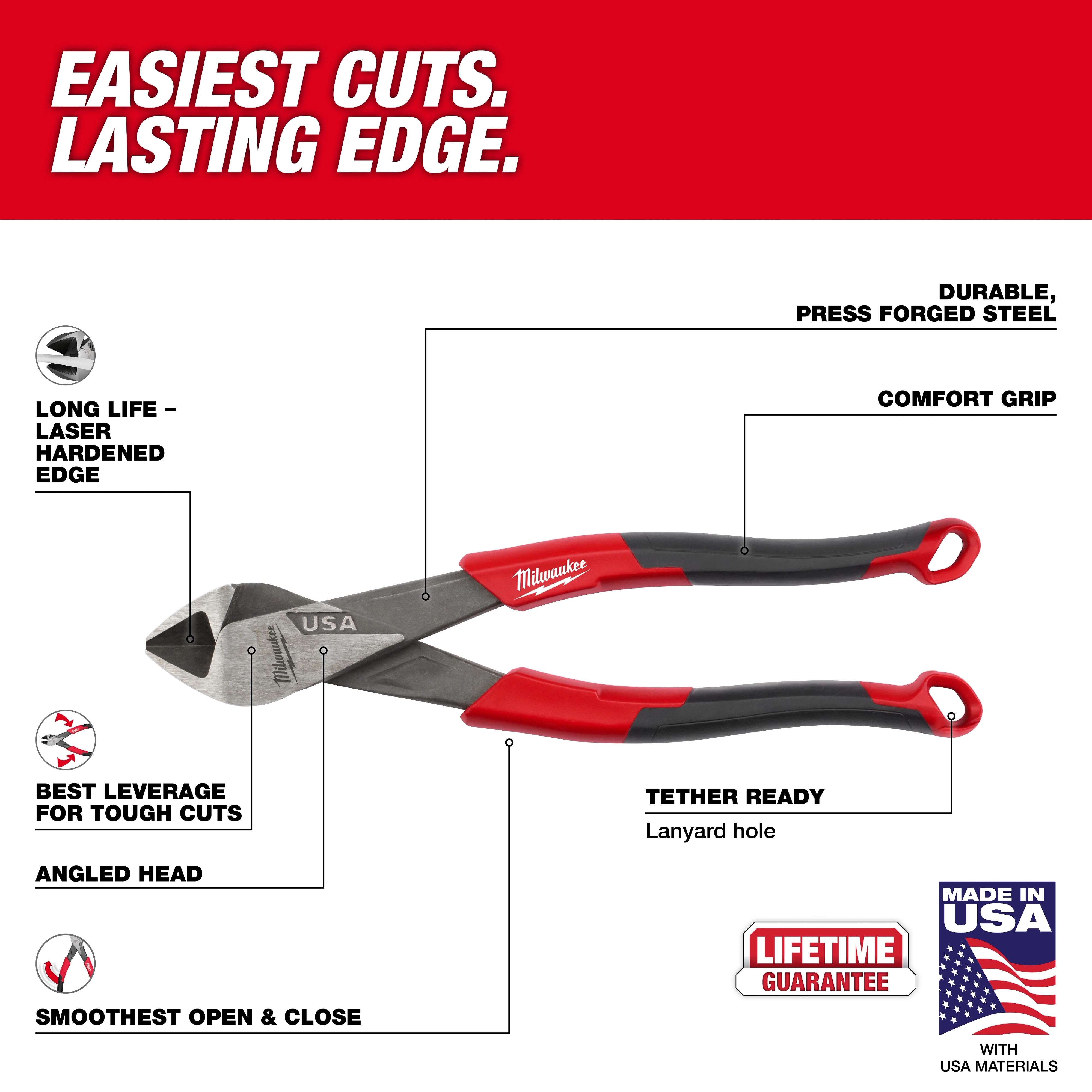 The 8" Angled Head Diagonal Comfort Grip Cutting Pliers (USA) feature a laser-hardened edge, durable press-forged steel, and a comfort grip. It offers best leverage for tough cuts, smooth open and close, and is tether-ready with a lanyard hole. Made in the USA with a lifetime guarantee.