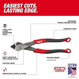 The 8" Angled Head Diagonal Comfort Grip Cutting Pliers (USA) feature a laser-hardened edge, durable press-forged steel, and a comfort grip. It offers best leverage for tough cuts, smooth open and close, and is tether-ready with a lanyard hole. Made in the USA with a lifetime guarantee.
