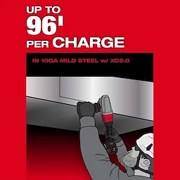 Illustration shows a worker using an M18 FUEL™ 10 Gauge Nibbler on a steel sheet. Text highlights "Up to 96' per charge" in mild steel with an XC5.0 battery. The worker is wearing a helmet, goggles, and gloves. Background is red and black.