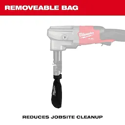 Image of an M18 FUEL™ 10 Gauge Nibbler with a removable bag attached. The text highlights that the bag reduces jobsite cleanup.