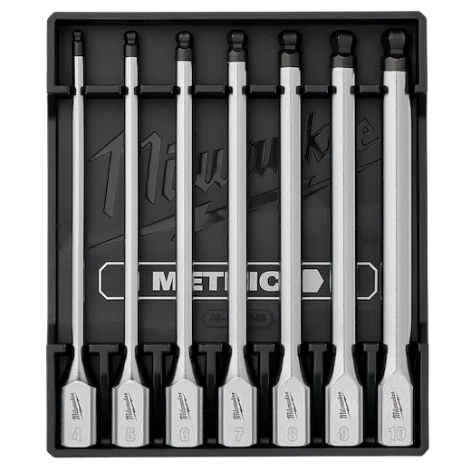 The 7pc 3/8” Drive Long Ball End Hex Bit Socket Set - Metric includes seven long hex bit sockets ranging from 4mm to 10mm, neatly organized in a black case with labeled slots for each size.