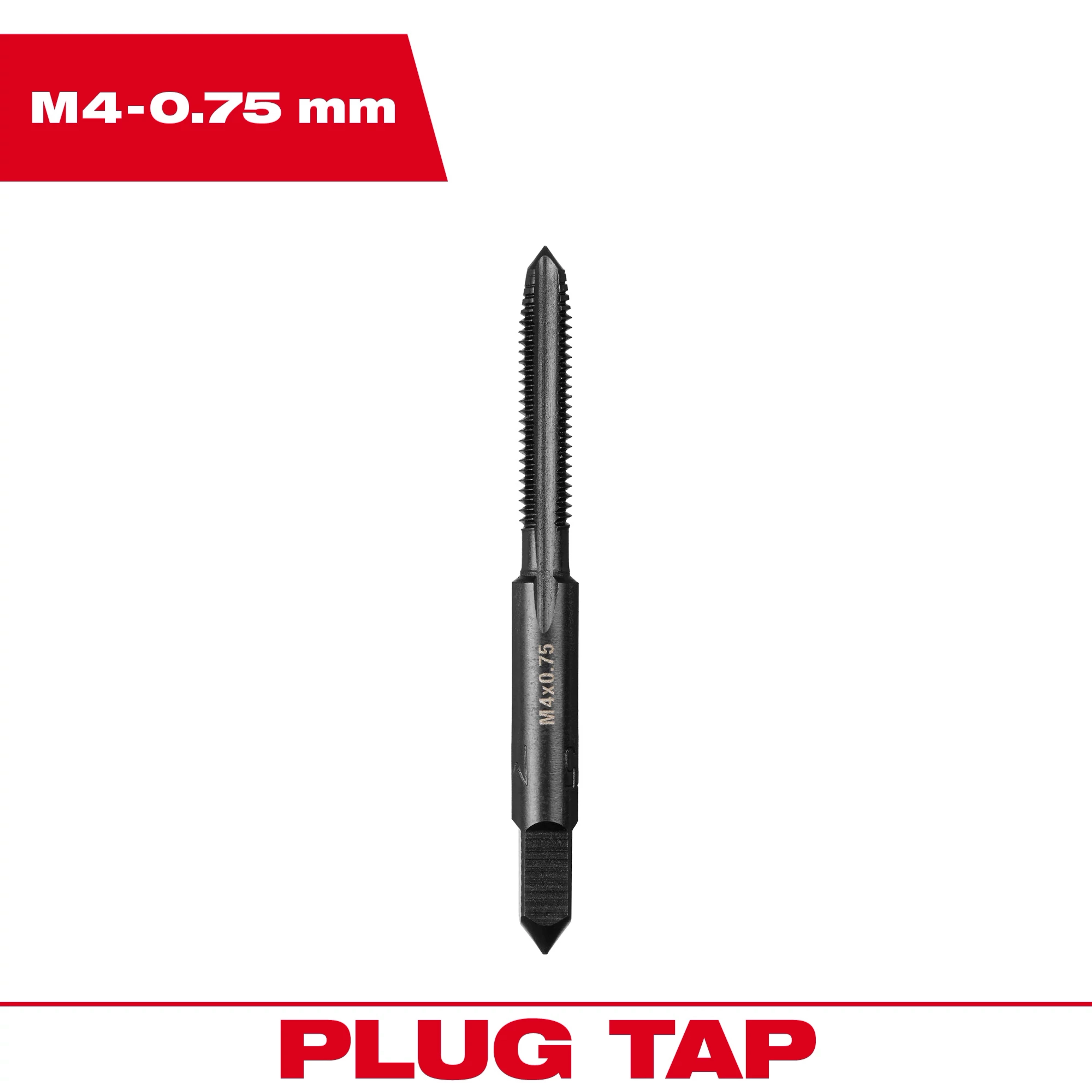 M4-0.75%20mm%20Straight%20Flute%20Plug%20Tap features a tapered threading tool for creating threads in metal or plastic materials.
