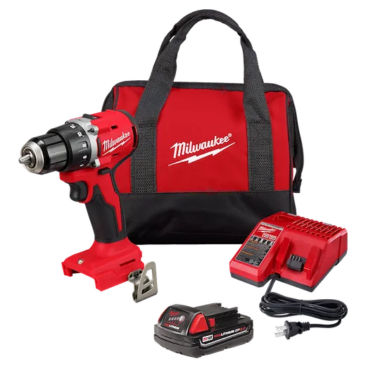 Milwaukee M18 Compact Brushless 1/2" Drill/Driver kit includes a drill, battery, charger, and red carrying bag.