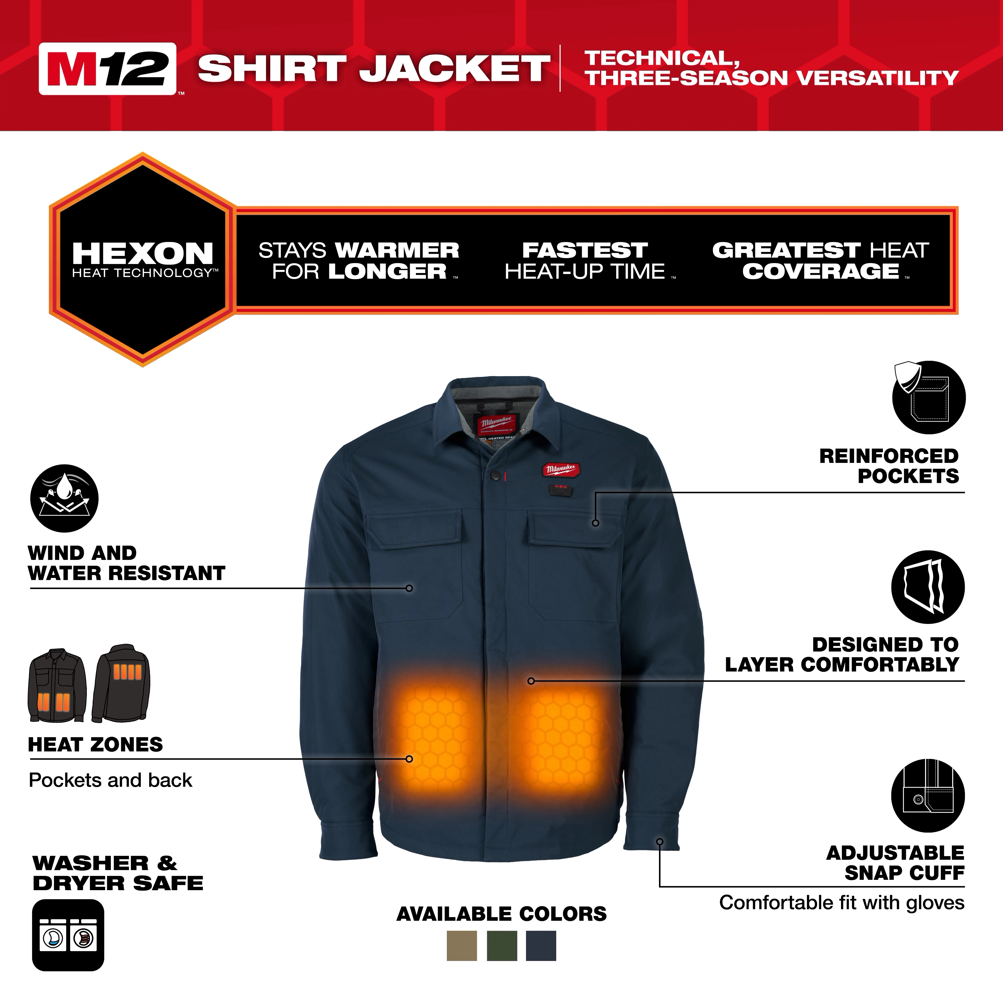 M12 Shirt Jacket - Navy S to 3X shown front-facing with highlighted heat zones and feature icons around it.