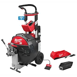 MX FUEL Sewer Drum Machine w/ POWERTREDZ, a black and red wheeled machine, comes with battery pack, charger, and foot pedal accessories.