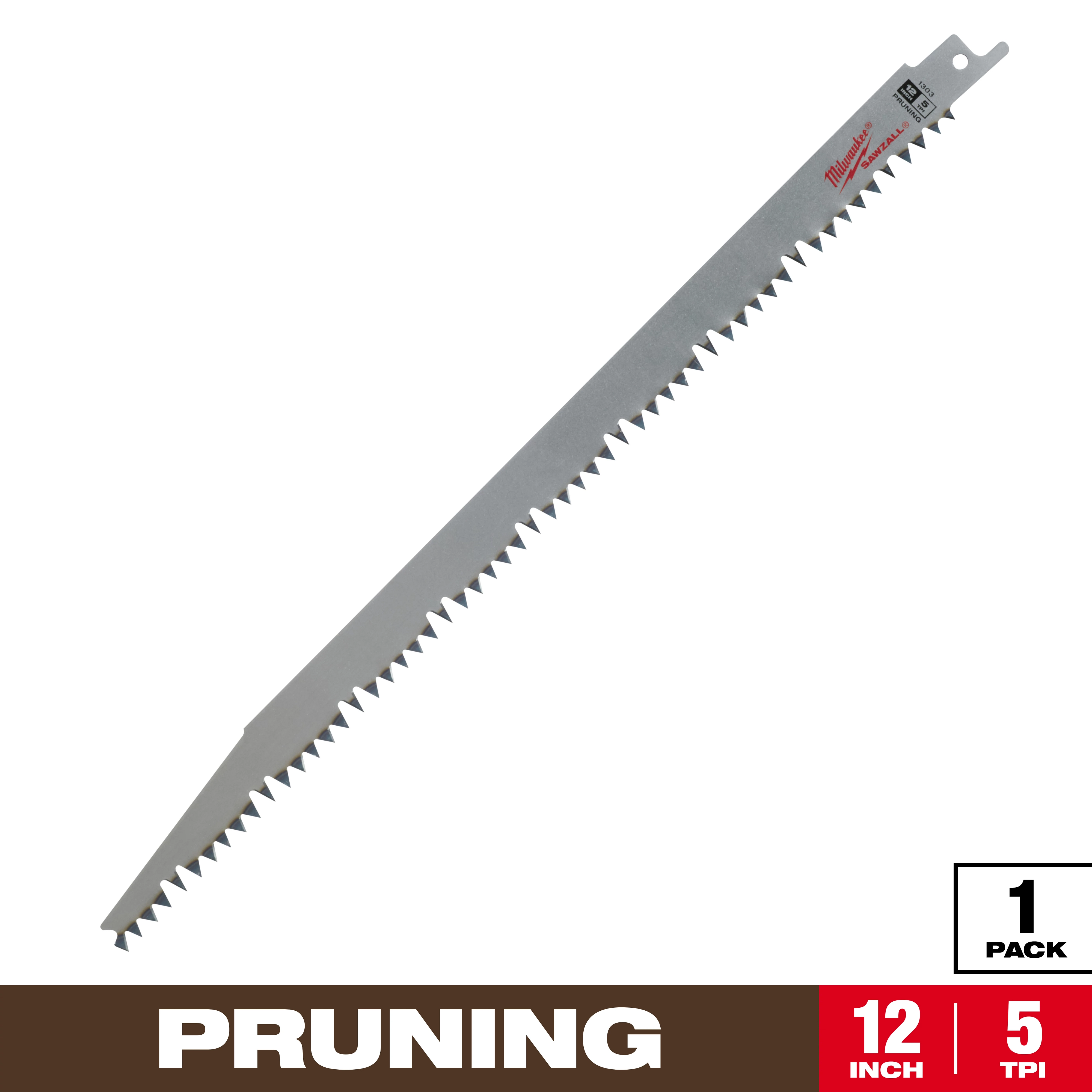 Milwaukee 12-inch pruning saw blade features sharp teeth for efficient cutting. It has 5 teeth per inch and is designed for trimming and cutting branches. The packaging states it is a single-pack item.