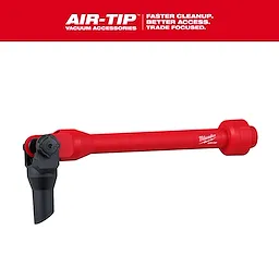 Image of an AIR-TIP™ Pivoting Extension Wand. The tool is red with a black adjustable pivot mechanism at one end. The branding "AIR-TIP™" and "Milwaukee" are visible, along with the text "Faster Cleanup. Better Access. Trade Focused." at the top.