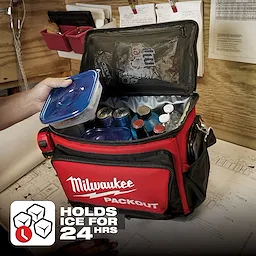 Milwaukee Packout cooler bag with beverages being placed inside. Text overlay reads "Holds Ice for 24 hrs." App%20Shot%20Overlay.