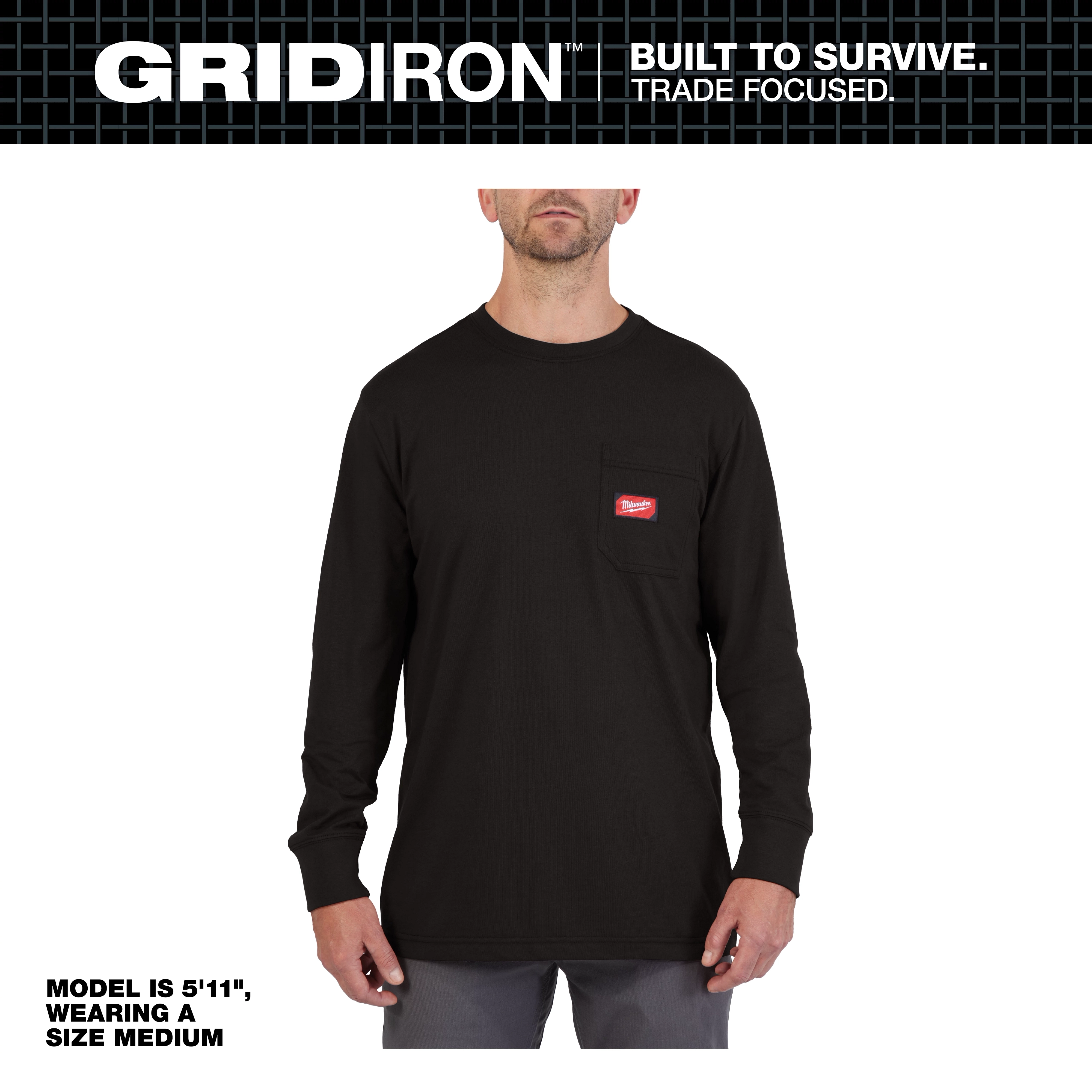 Model wearing size medium GRIDIRON Pocket T-Shirt - Long Sleeve in black, featuring a left chest pocket and logo. Model height: 5'11".