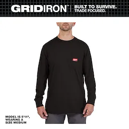 Model wearing size medium GRIDIRON Pocket T-Shirt - Long Sleeve in black, featuring a left chest pocket and logo. Model height: 5'11".