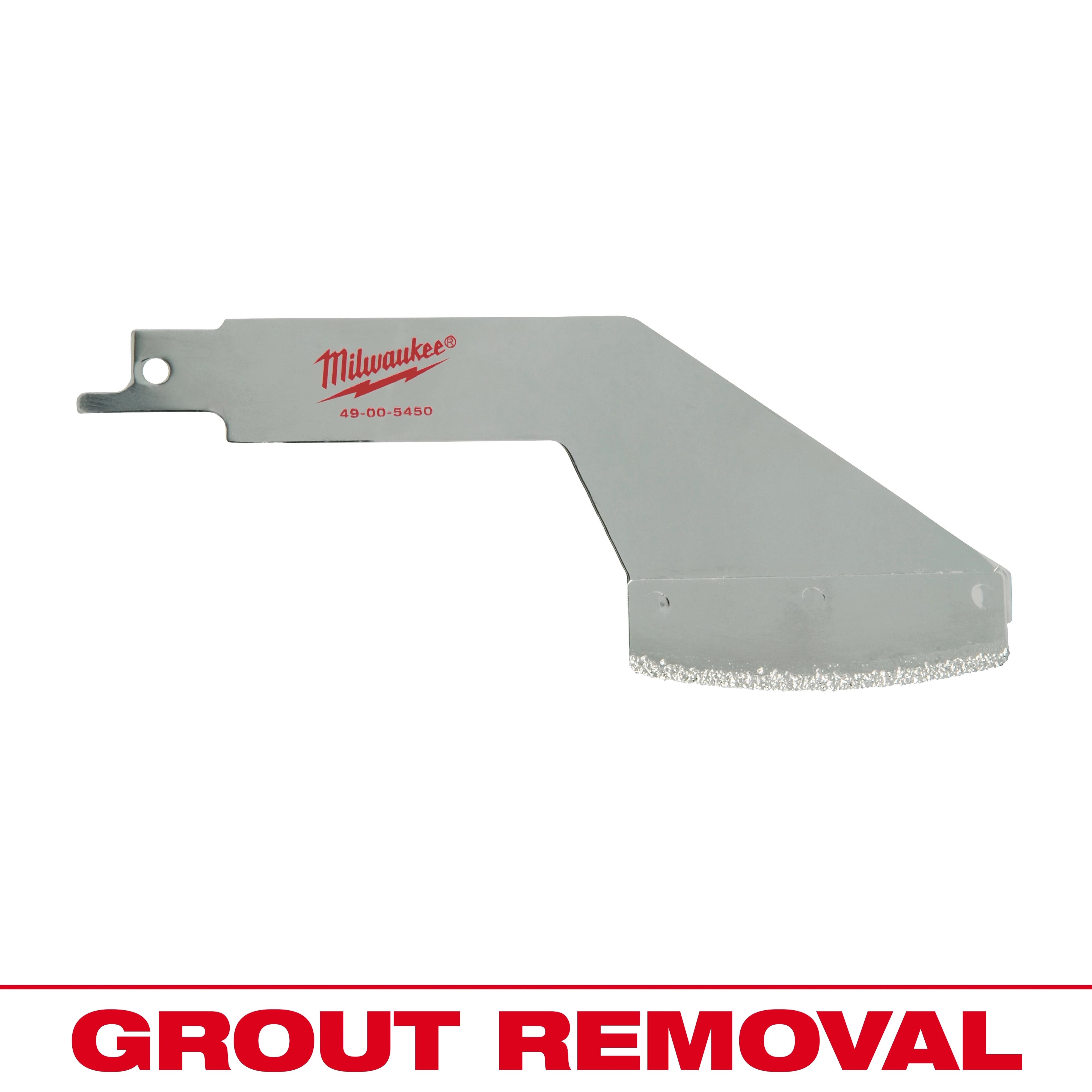 Milwaukee Grout Removal Tool features a silver blade with a serrated edge for efficient grout removal. The Milwaukee logo is printed on the top. The words "GROUT REMOVAL" are shown in bold red letters at the bottom.