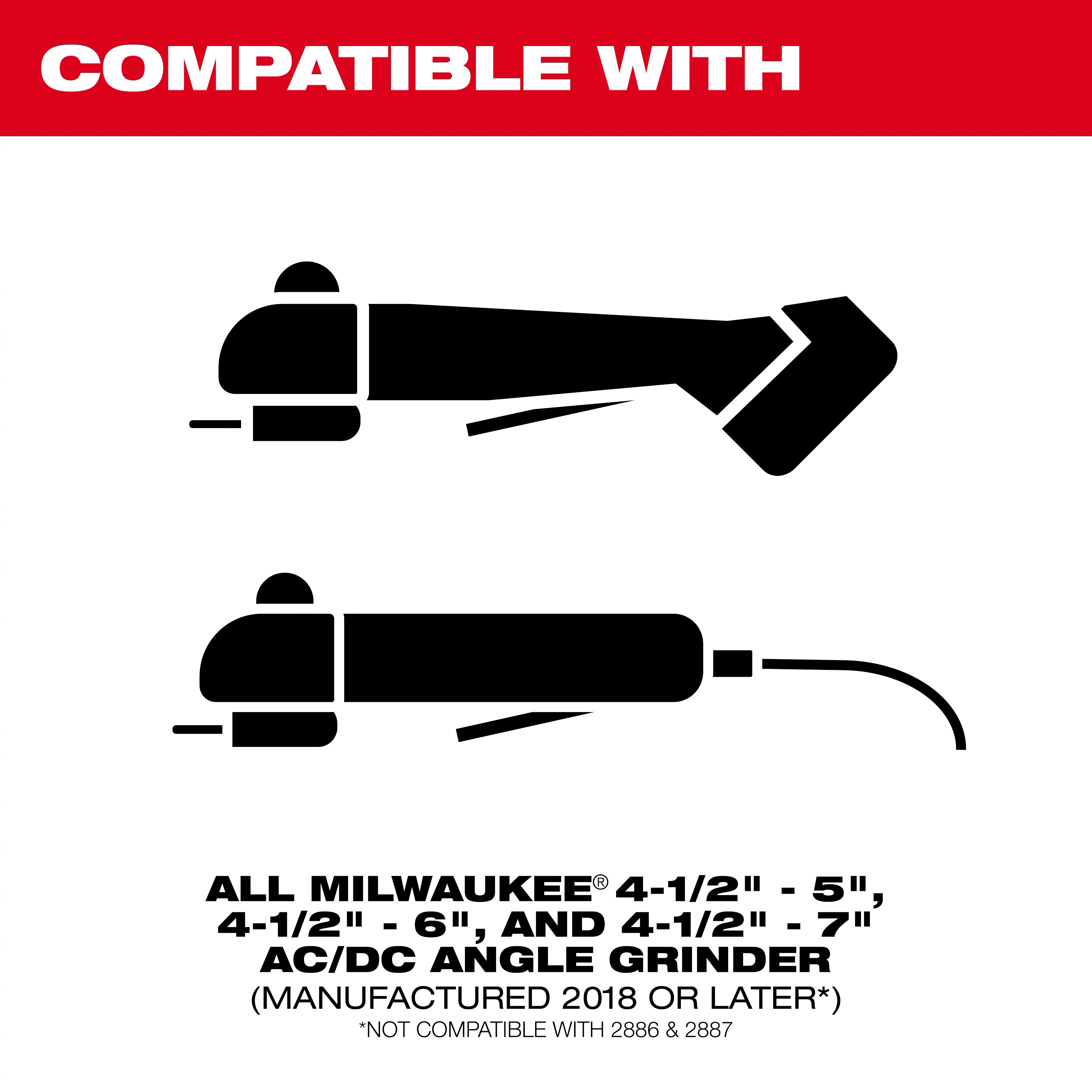 Compatibility graphic for 4-1/2"-5" Surface Grinding Dust Shroud and 5" Cutting Dust Shroud with two angle grinder icons.