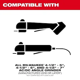 Compatibility graphic for 4-1/2"-5" Surface Grinding Dust Shroud and 5" Cutting Dust Shroud with two angle grinder icons.