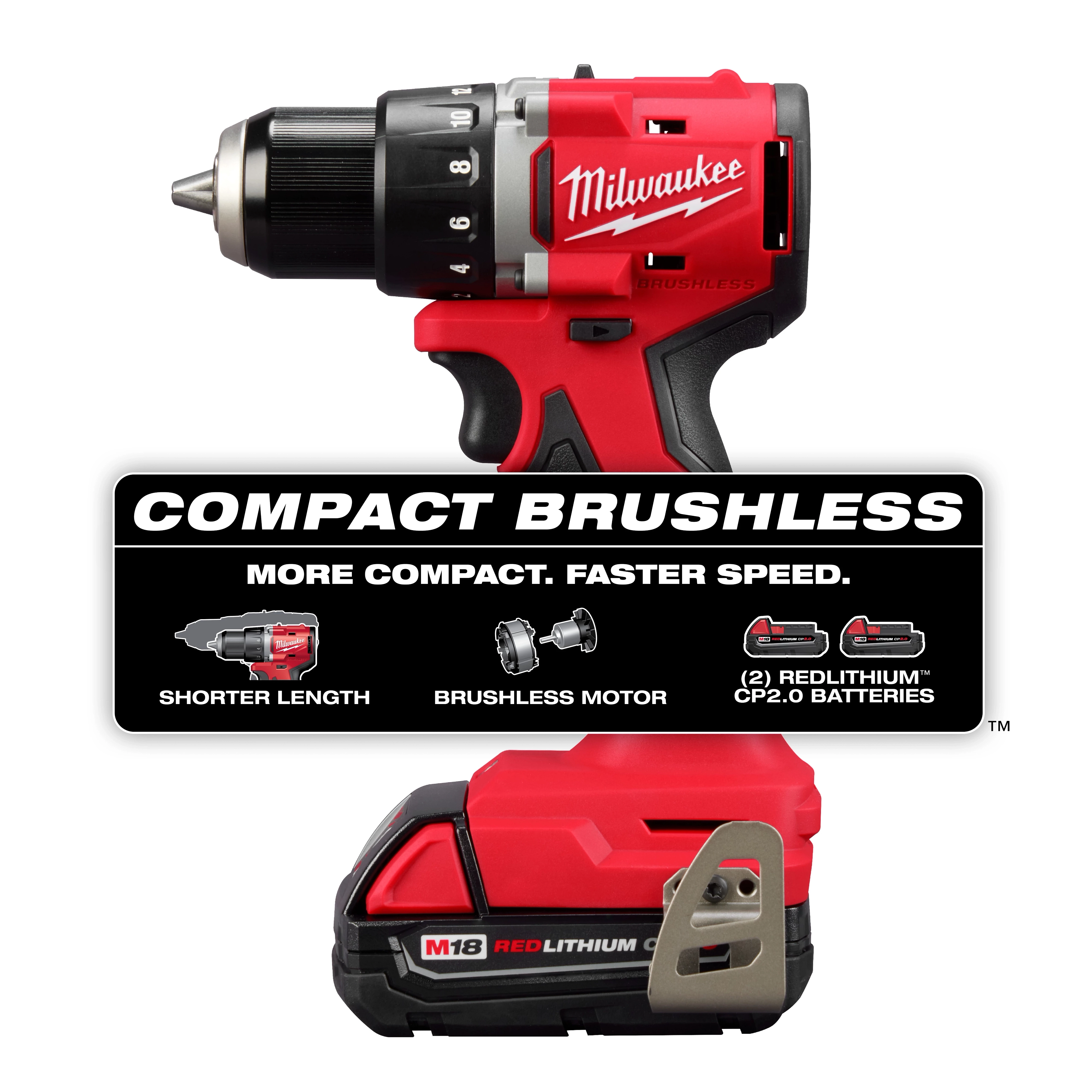Milwaukee M18 Compact Brushless 1/2" Drill/Driver Kit with one drill and one REDLITHIUM CP2.0 battery. Features compact size and brushless motor.