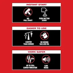 Three sections: "Instant Start," "Easier to Use," and "Work Safer." Emphasizing no pull start, lighter, no mixing