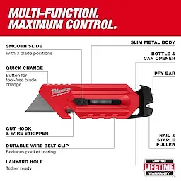The Milwaukee Multi-function Compact Utility Knife features a durable red handle, quick-change button, smooth slide with three blade positions, gut hook, wire stripper, slim metal body, bottle and can opener, pry bar, nail and staple puller, wire belt clip, and lanyard hole. It includes a lifetime warranty.