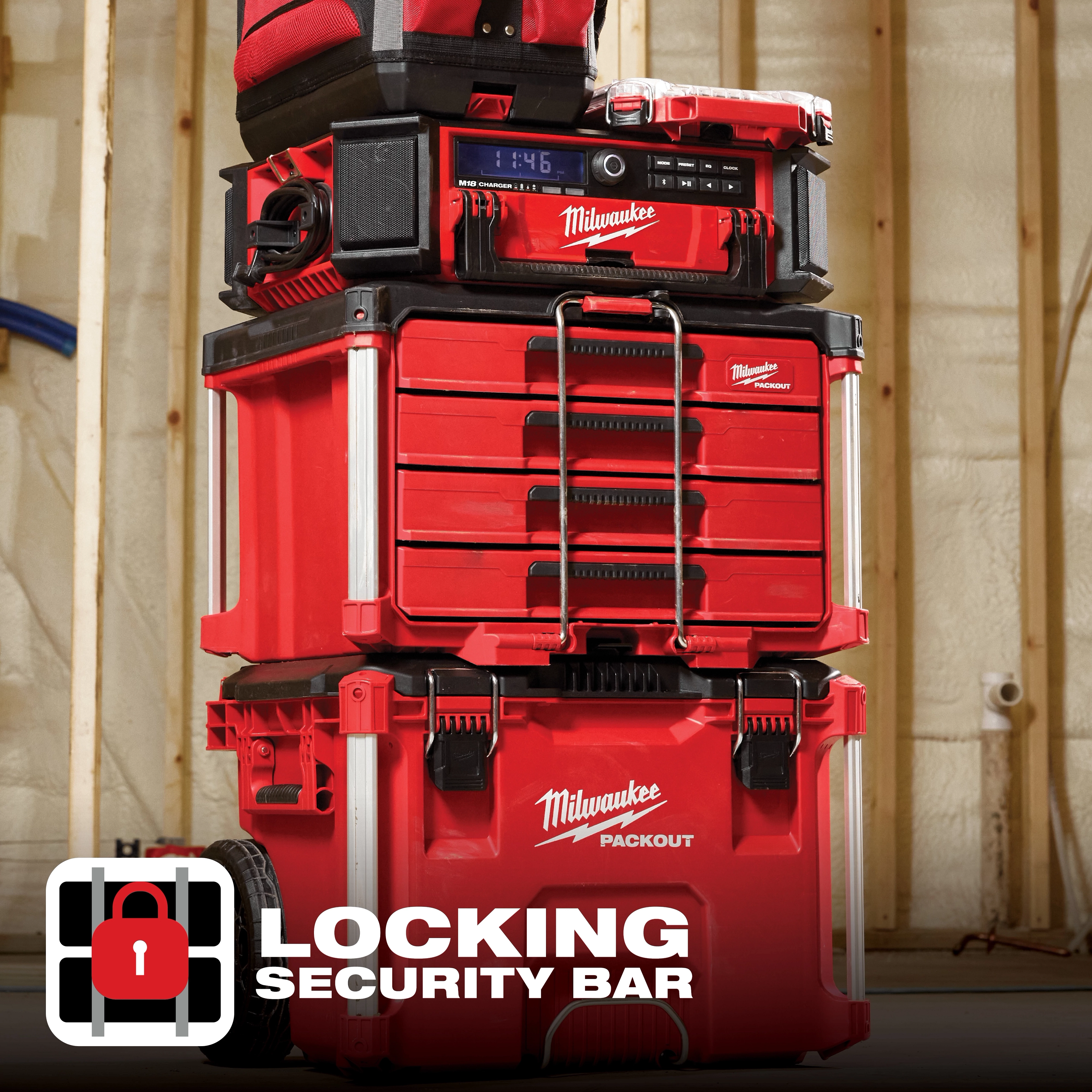 Milwaukee PACKOUT 4 Drawer Tool Box, red with black accents, shown stacked with various other PACKOUT system containers. Locking security bar displayed.