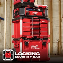 Milwaukee PACKOUT 4 Drawer Tool Box, red with black accents, shown stacked with various other PACKOUT system containers. Locking security bar displayed.