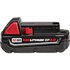 The M18 Redlithium 2.0 Compact Battery Pack features a predominantly black body with red accents. The product's label clearly displays "M18 REDLITHIUM CP2.0" in bold lettering. Designed for power tools, the battery pack contains ventilation slots and a secure locking mechanism on top.