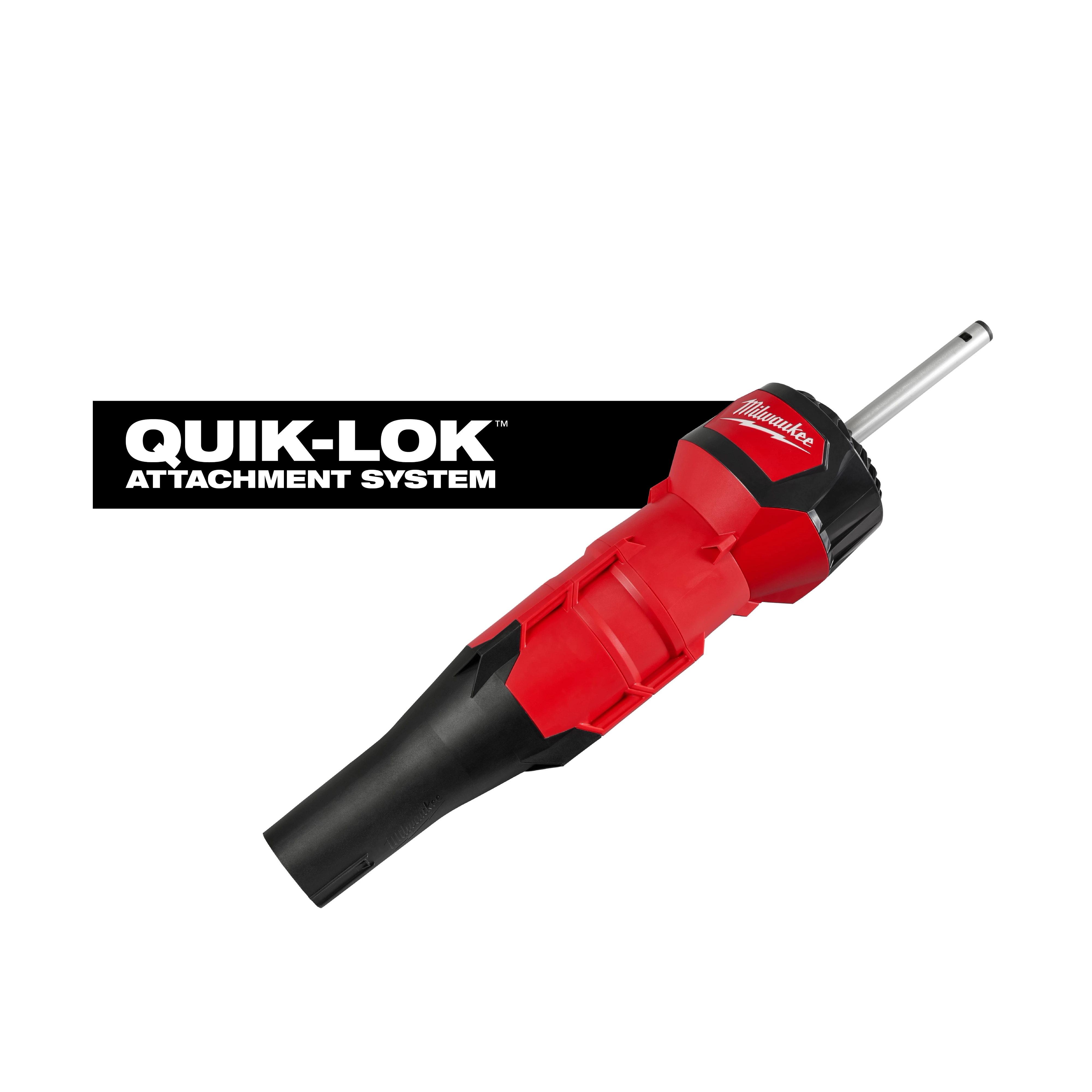 QUIK-LOK Blower Attachment in red and black with a metal connector on a plain white background.