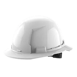 White construction hard hat with a small brim, side adjustments, and a smooth surface.