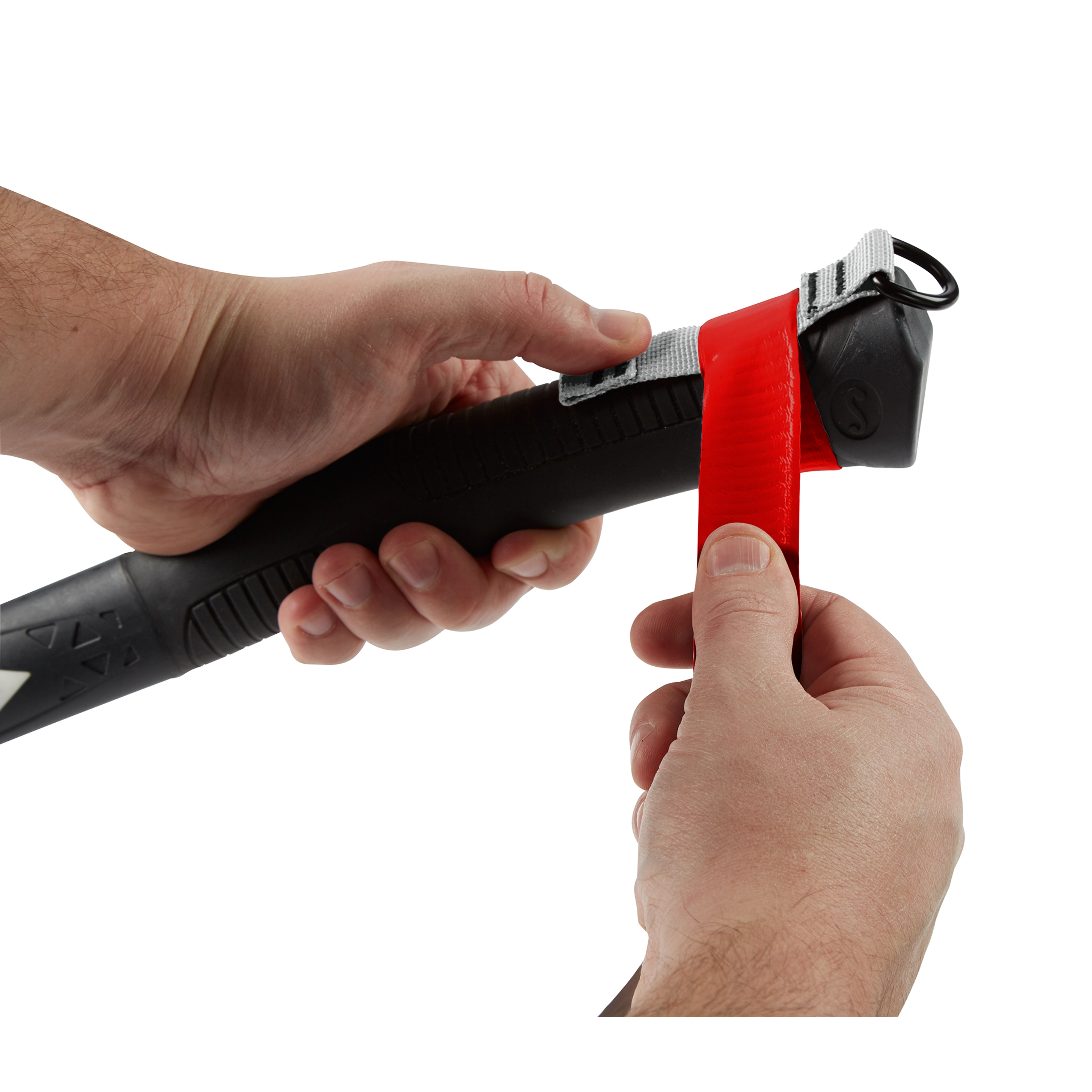 Hands applying 12ft Self-Adhering Tape to a black handle, wrapping the red tape around it securely for grip enhancement.