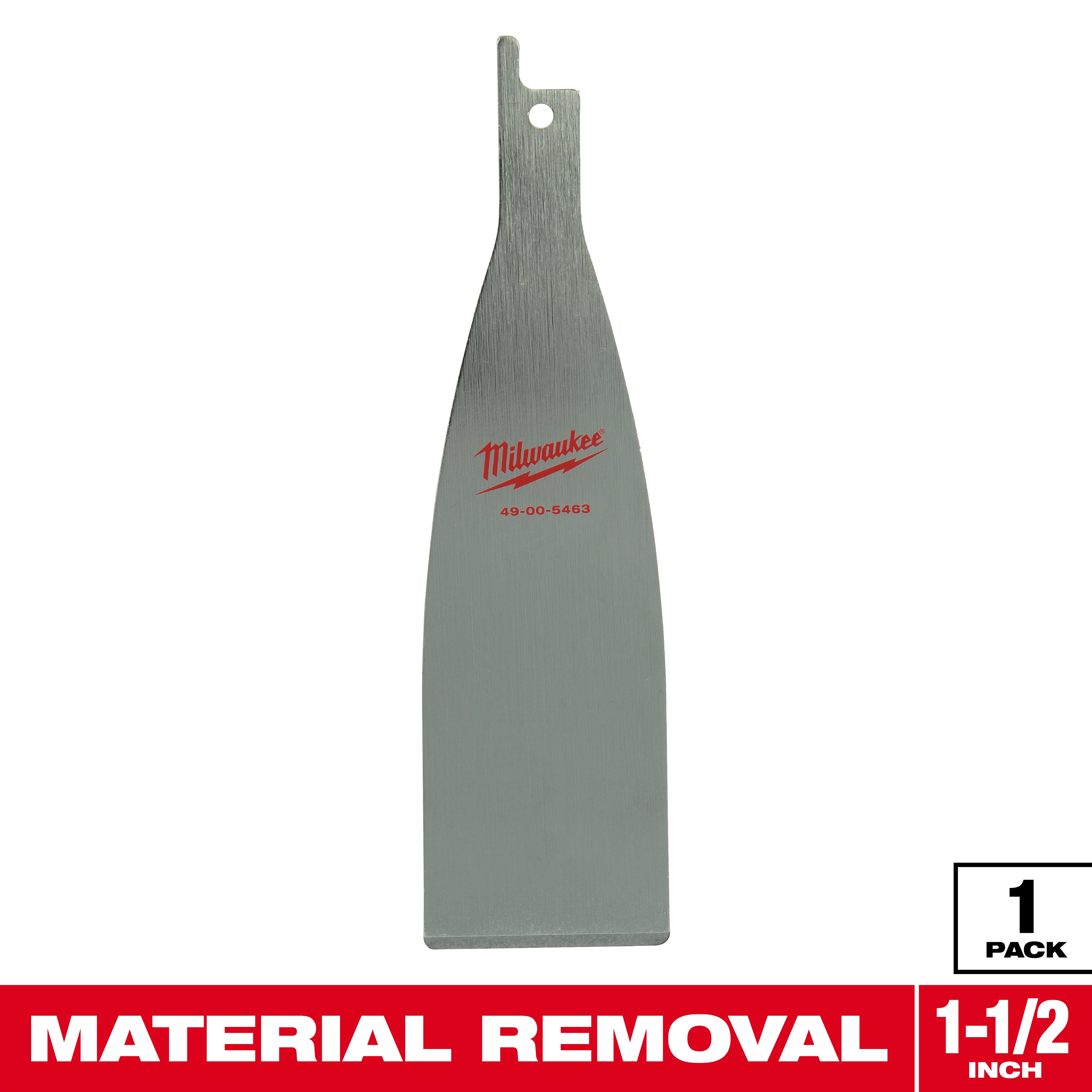 Milwaukee material removal blade, 1-1/2 inch wide, features a flat, elongated design. The blade is primarily silver with a red Milwaukee logo and product number 49-00-5463. Packaging indicates one blade per pack.