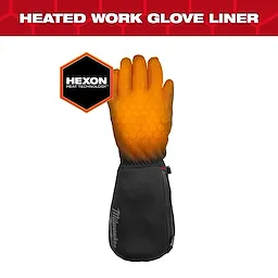 Heated Work Glove Liners with Hexon Heat Technology are black, extend past the wrist, and feature an orange heating pattern on the hand.