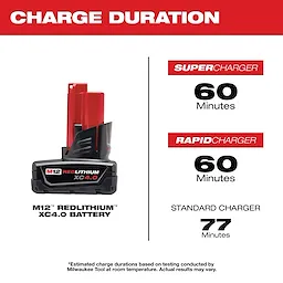 M12 REDLITHIUM XC 4.0 Extended Capacity Battery Pack, with charge durations: Supercharger 60 minutes, Rapid Charger 60 minutes, Standard Charger 77 minutes.
