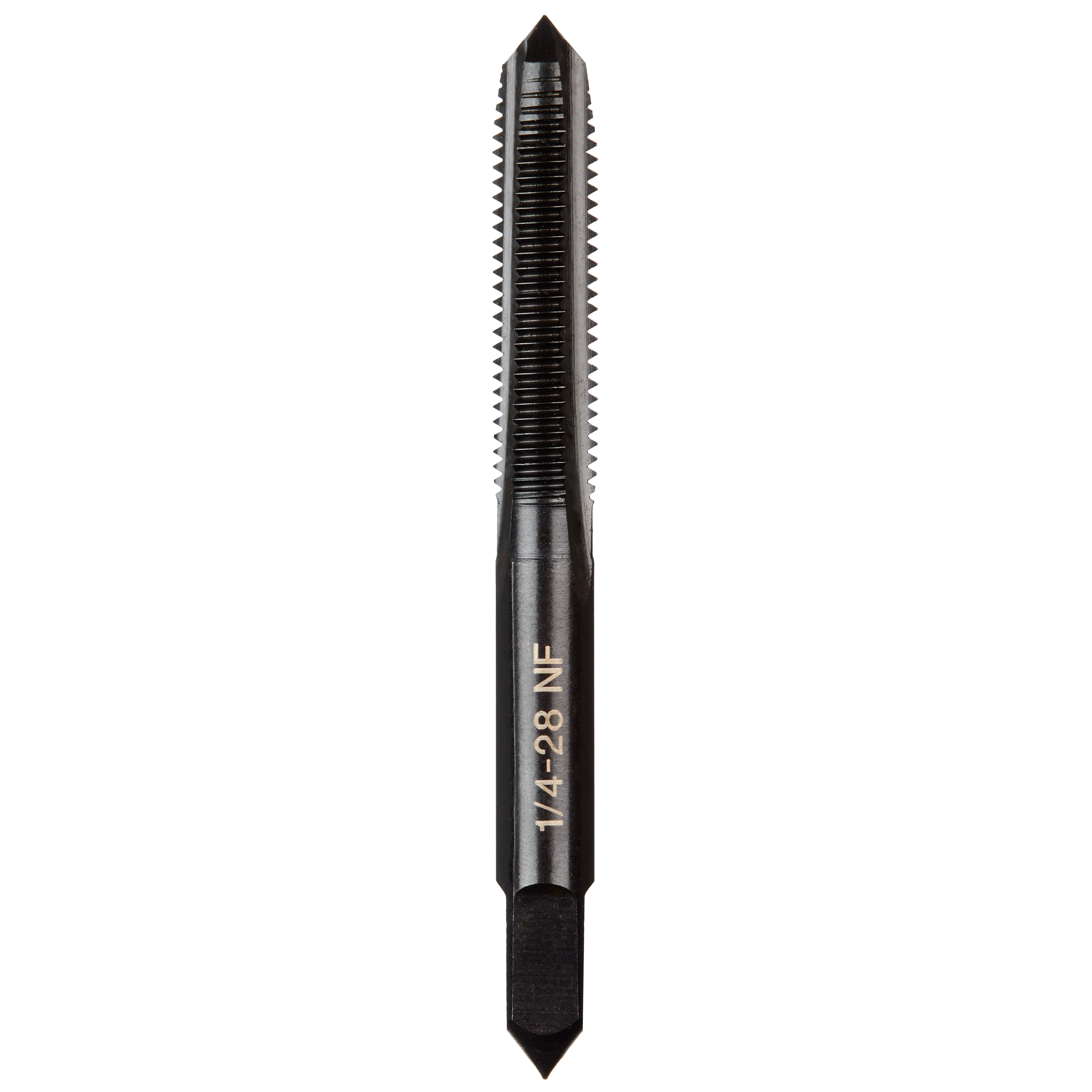 1/4"-28 NF Straight Flute Plug Tap with fine threads, black finish, and tapered tip for cutting and threading holes in metals.