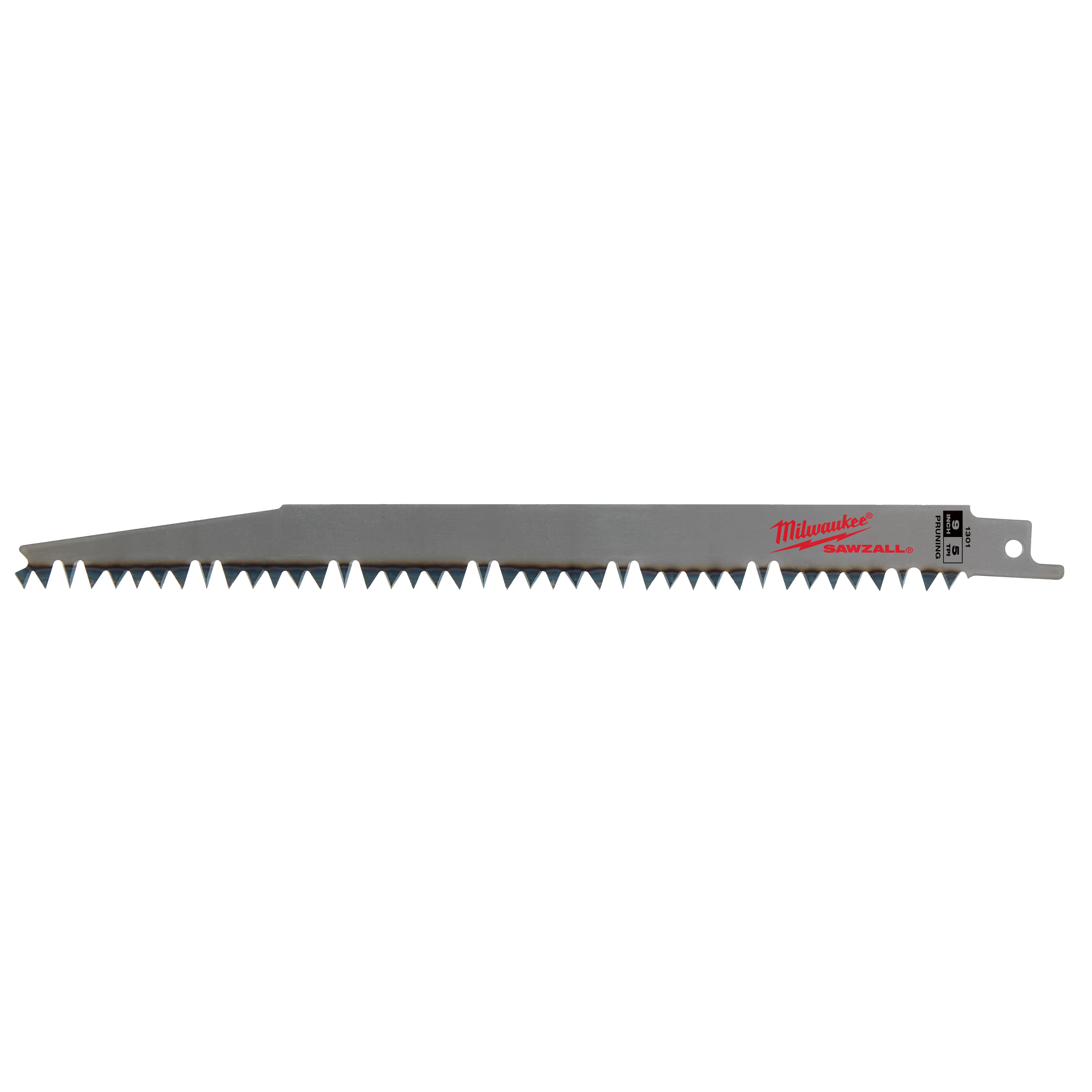 9" 5 TPI Fleam Ground Pruning SAWZALL® Blade for Clean Wood (1 PK) features a metal blade with a series of sharp teeth, designed for pruning wood. The blade has a red brand logo and specifications printed on it.
