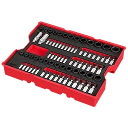 A red and black tray containing a 77-piece socket set for 1/4" and 3/8" drive metric, SAE, and TORX® is shown. The set, designed for PACKOUT™ drawers, has various sockets and bits neatly organized within the compartmentalized tray.