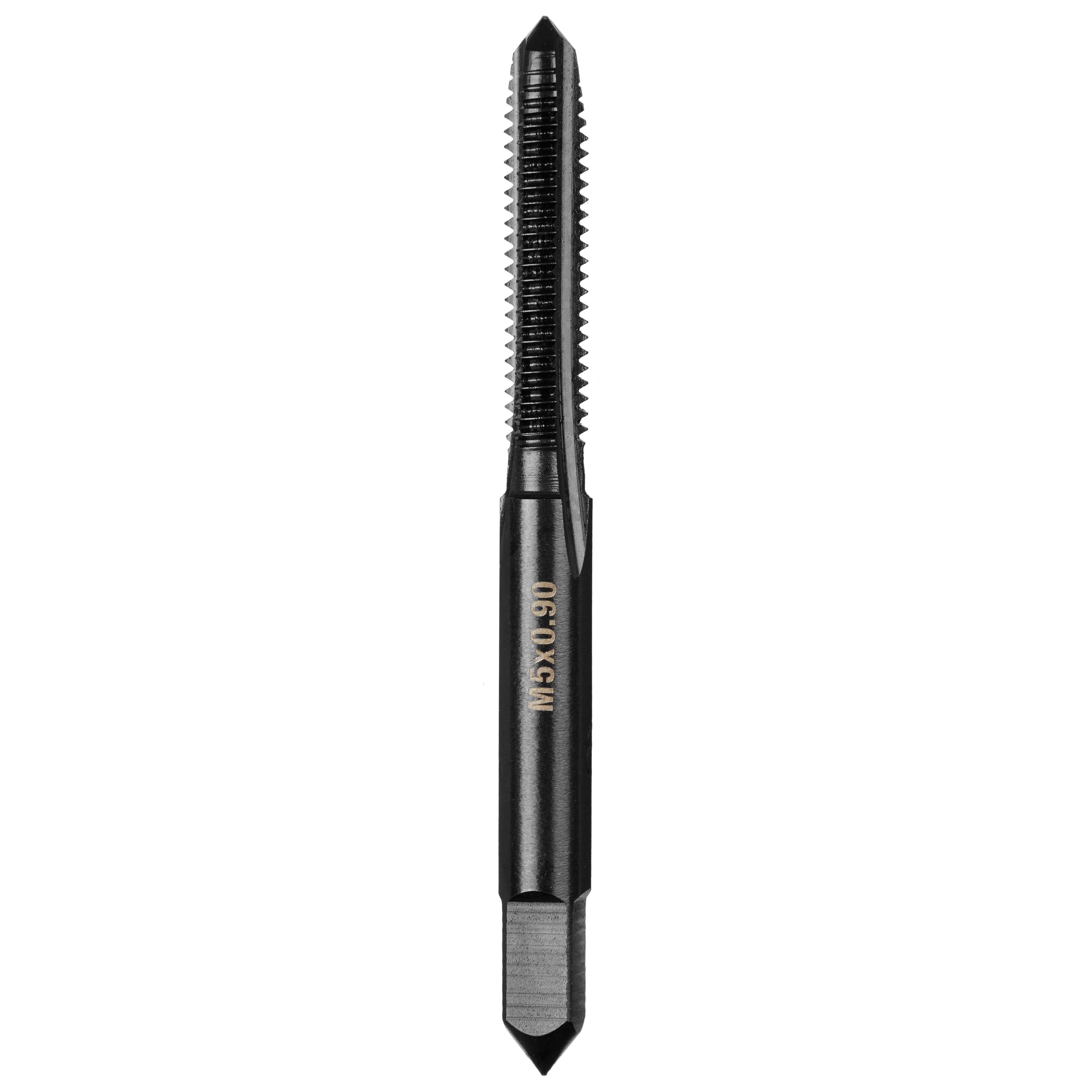 M5-0.90 20mm Straight Flute Plug Tap in black with engraved specifications in gold. Designed for threading and repairing threads.