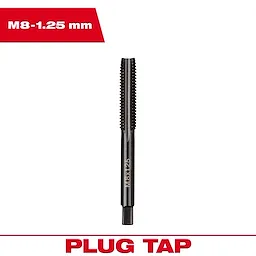 M8-1.25 20mm Straight Flute Plug Tap, black with engraved text, used for creating threaded holes in metal.