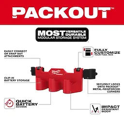 Image of the PACKOUT Tool Box M12 Battery Rack Attachment. It highlights features: "Easily connect or swap out attachments," "Clip-in battery storage," "Quick battery access," "Fully customize your toolbox," "Securely locks onto PACKOUT metal-reinforced corners," and "Impact-resistant body." The product is red and black.