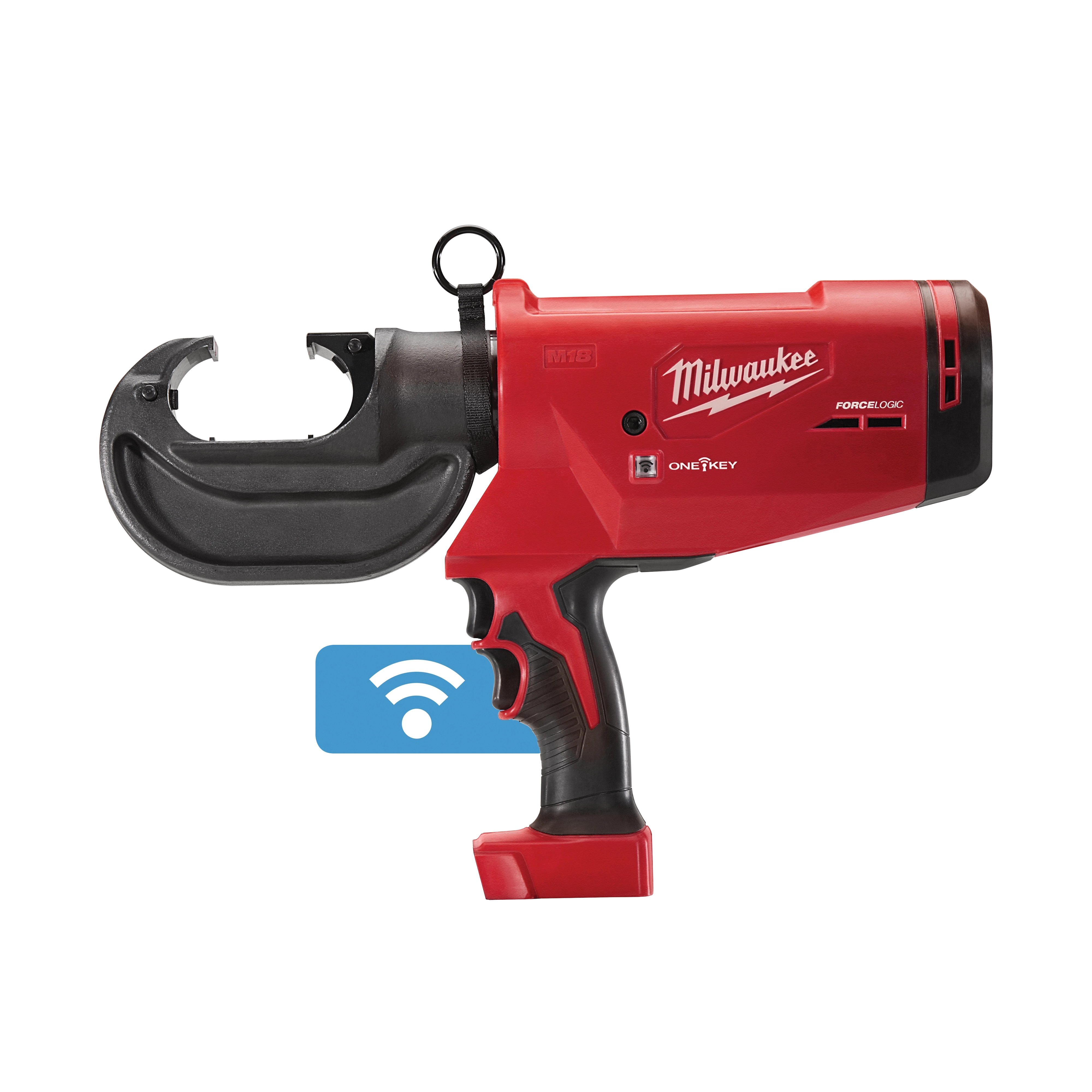 The M18™ FORCE LOGIC™ 750 MCM Crimper by Milwaukee features a red and black design with a pistol grip handle. The tool includes ONE-KEY™ technology for tracking and management.