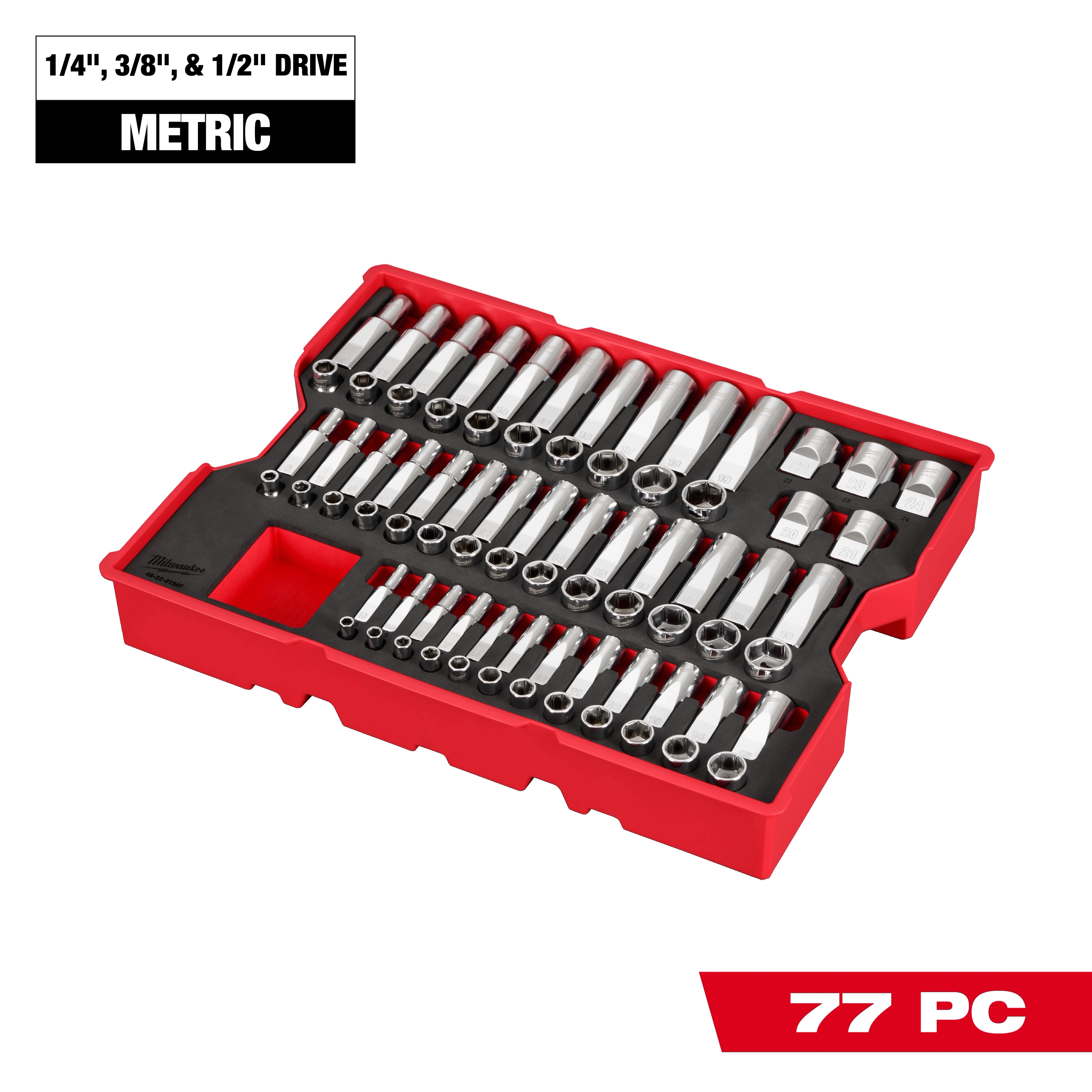 77 pc. 1/4”, 3/8”, & 1/2” Drive Metric Socket Set with Tray for PACKOUT Drawers arranged in a red tray.
