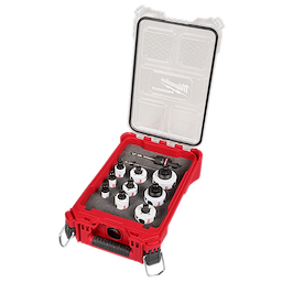 The image shows a 12PC Hole Dozer™ Bi-Metal Hole Saw PACKOUT Kit with QUIK-LOK™ Arbor System. The kit, in a red and black case with a clear lid, includes various hole saws neatly organized in foam compartments.