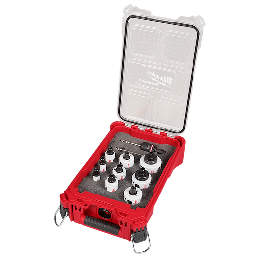 The image shows a 12PC Hole Dozer™ Bi-Metal Hole Saw PACKOUT Kit with QUIK-LOK™ Arbor System. The kit, in a red and black case with a clear lid, includes various hole saws neatly organized in foam compartments.