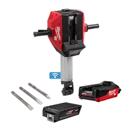 The image shows the MX FUEL™ Breaker, a red and black handheld demolition hammer. Included are three chisels, a battery with "MX FUEL™ LITHIUM-ION FORCE" label, and a red and black rapid charger. A Wi-Fi icon is positioned near the breaker.