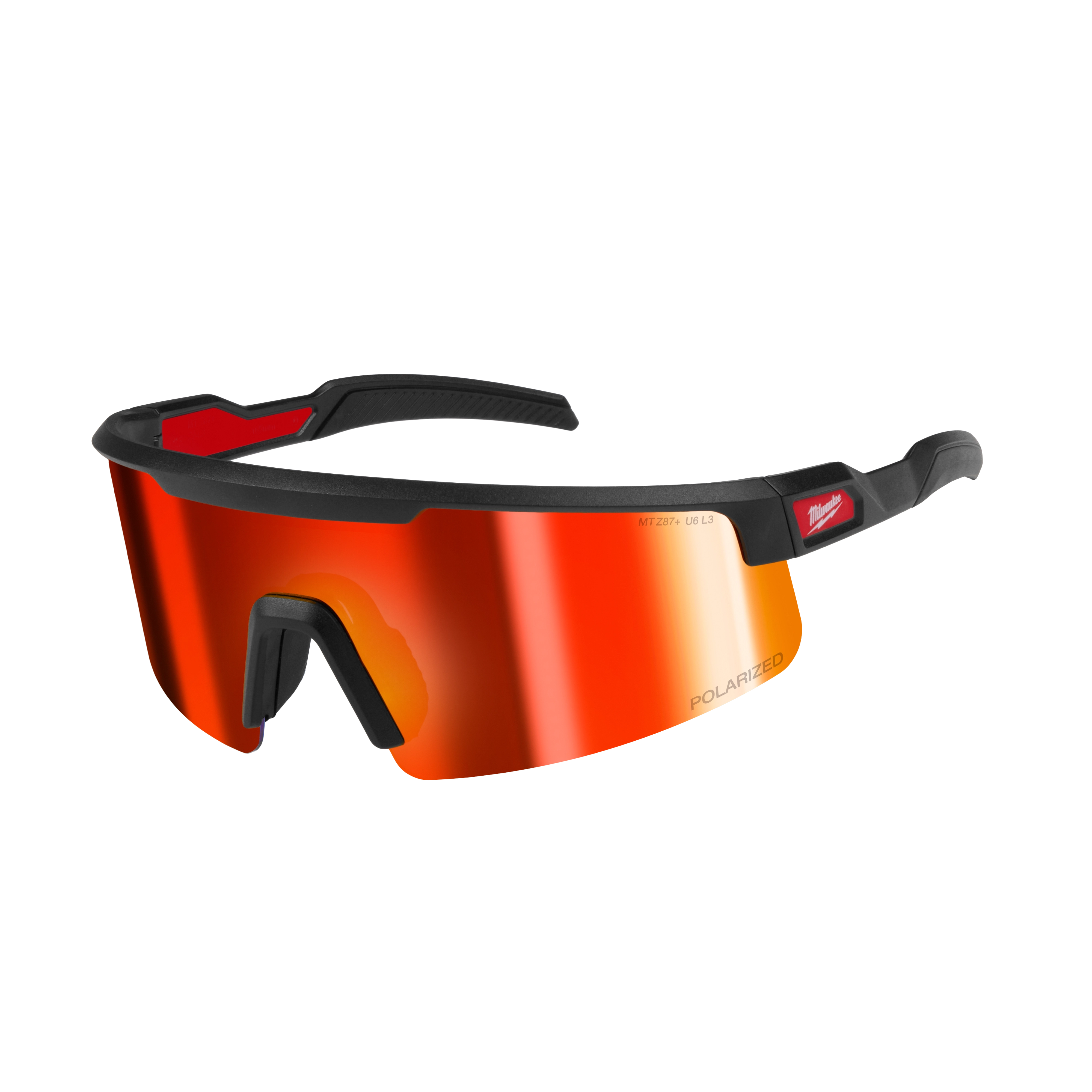 Polarized Wrap Around Safety Glasses with Red Mirrored Dual Coat Lens feature a sleek black frame with red accents, contoured for full coverage protection. The red mirrored lenses are polarized to reduce glare, designed for enhanced visibility and eye safety in various work environments.