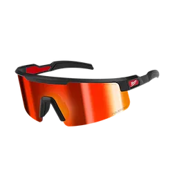 Polarized Wrap Around Safety Glasses with Red Mirrored Dual Coat Lens feature a sleek black frame with red accents, contoured for full coverage protection. The red mirrored lenses are polarized to reduce glare, designed for enhanced visibility and eye safety in various work environments.