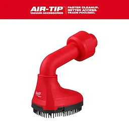 The AIR-TIP™ Swiveling Palm Brush is a red vacuum accessory with bristles at the bottom, designed for enhanced cleaning efficiency. The image shows the brush against a white background with a red banner at the top, including the AIR-TIP™ branding and slogan.