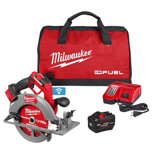 The image shows a Milwaukee M18 Fuel cordless circular saw kit. It includes a red and black saw, a red battery charger, a 12.0Ah battery, and a red carrying bag with black handles. The saw and bag display the Milwaukee logo.