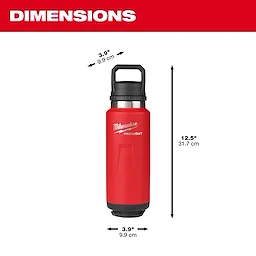 Image of the Milwaukee PACKOUT 36oz Insulated Bottle with Chug Lid in red and its dimensions