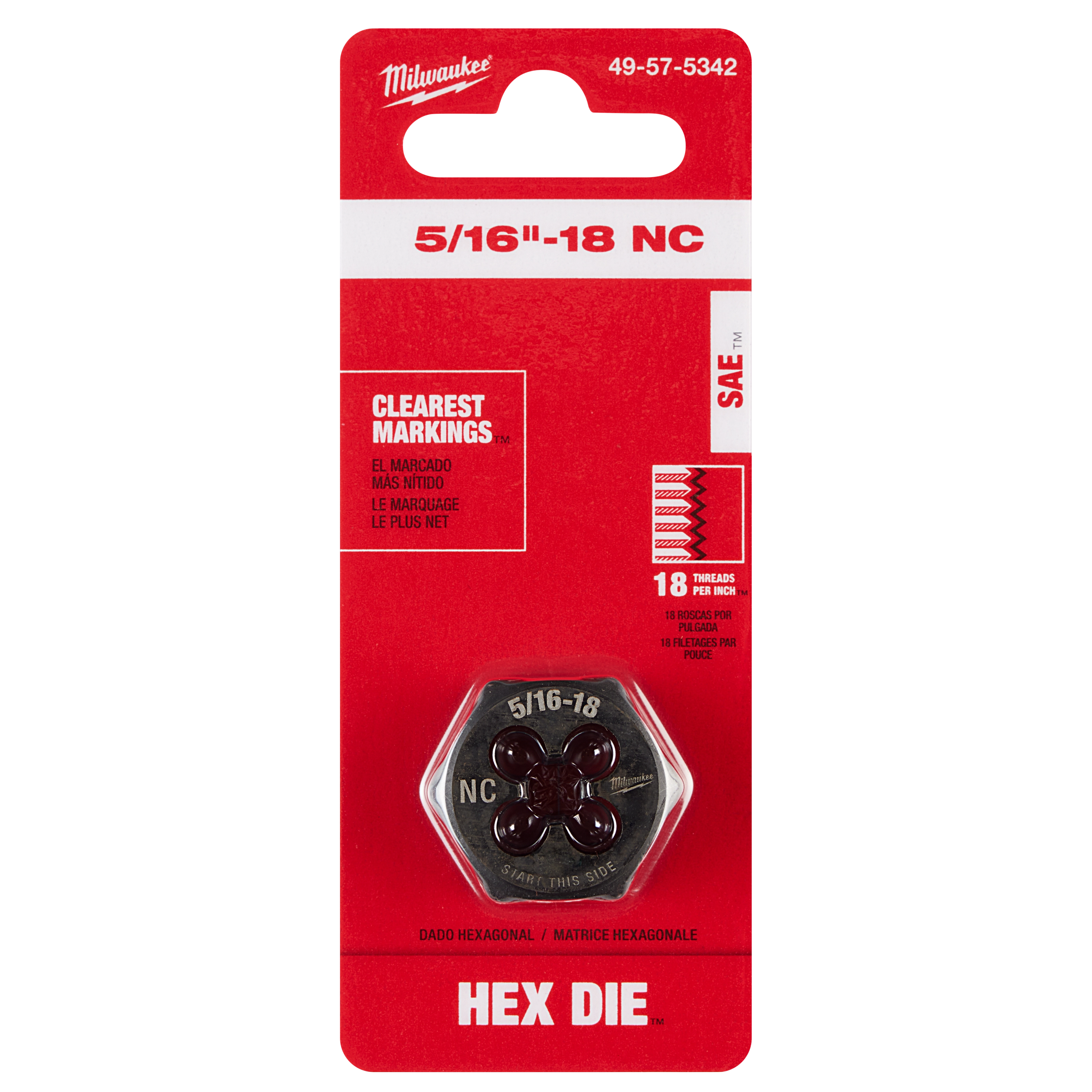 5/16"-18 NC 1-Inch Hex Threading Die in original red packaging, showing 18 threads per inch and clear markings.